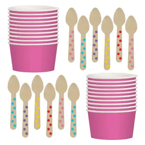 Bright Pink Ice Cream Treat Cups & Mini Wooden Polka Dot Spoons Set (Serves 12)