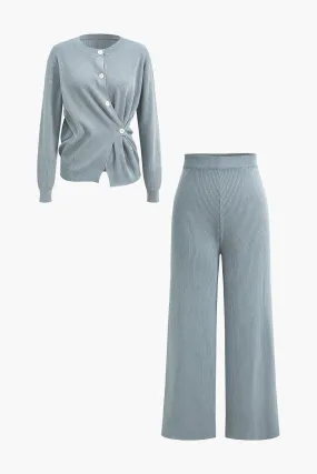 Button Front Ribbed Cardigan And Wide Leg Pants Set