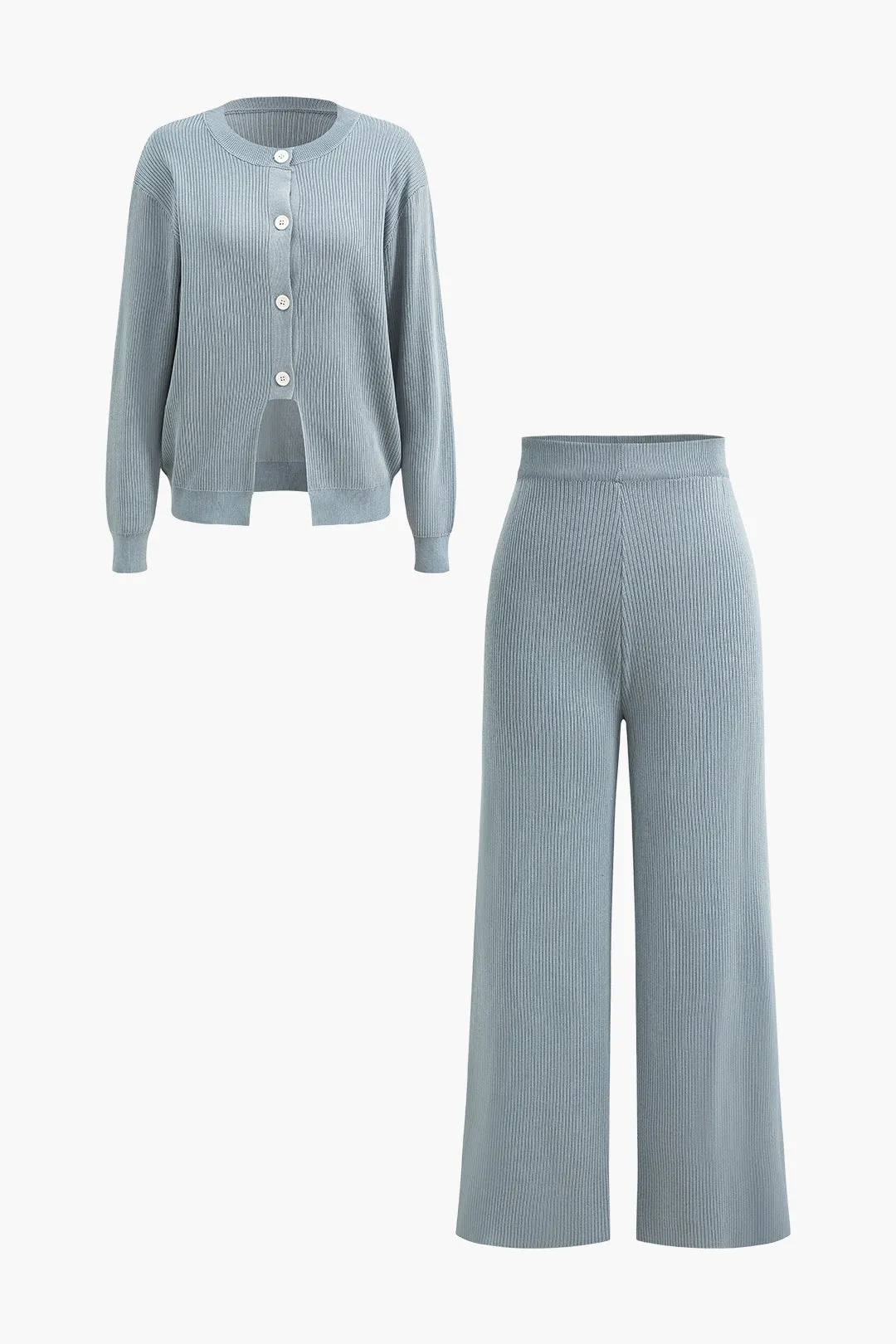 Button Front Ribbed Cardigan And Wide Leg Pants Set