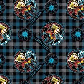 Captain Marvel Sketched on Plaid Grey - Flannel - 1/2 Metre