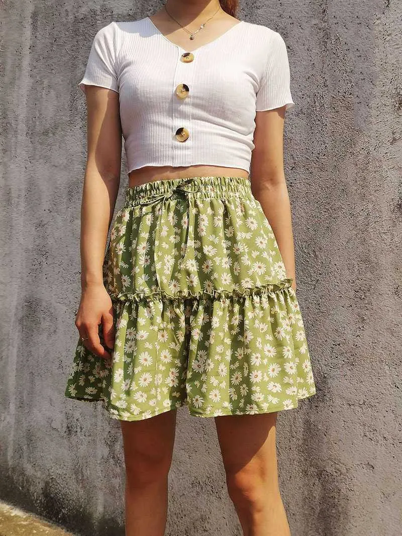 Classic Tie Front High Waisted Elastic Waist Ruffle Skirt