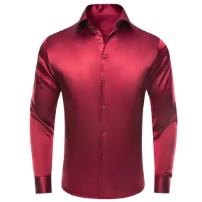 Hi-Tie Burgundy Red Solid Satin Silk Men's Long Sleeve Dress Shirt