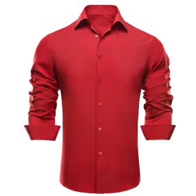 Hi-Tie Luxury Red Solid Men's Long Sleeve Dress Shirt for Wedding