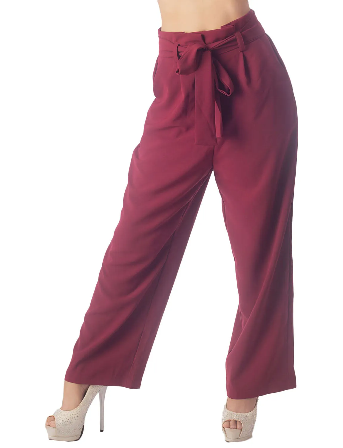 iB-iP Women's Bow Belt High Waist Cozy Casual Relaxed Wide Leg Pants