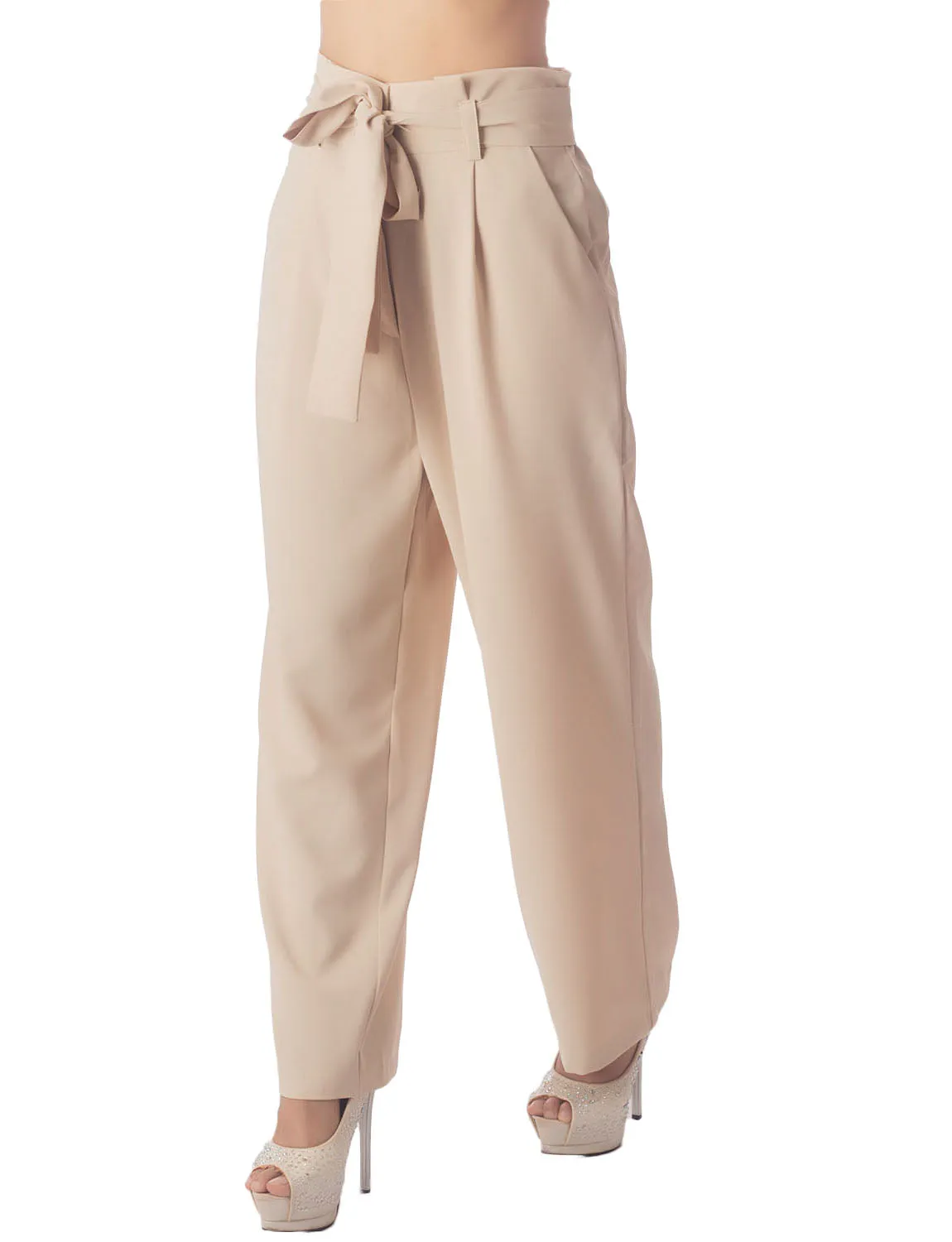 iB-iP Women's Bow Belt High Waist Cozy Casual Relaxed Wide Leg Pants