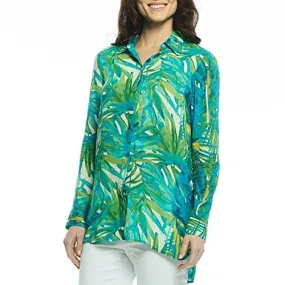 Margaritaville - Watercolor Leaf, Long Sleeve Button Front High Low Hem Blouse