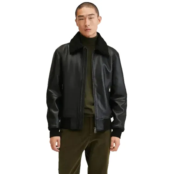 Mens Black Shearling Leather Bomber Jacket