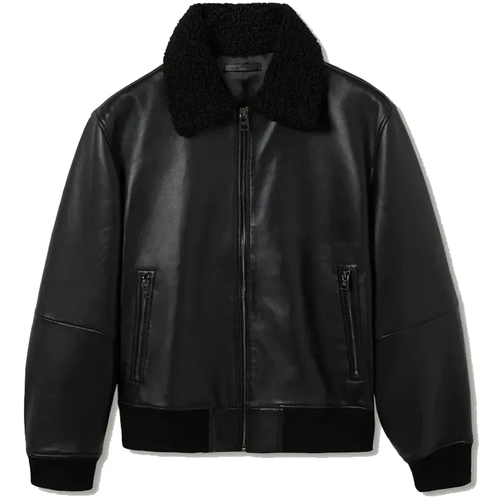 Mens Black Shearling Leather Bomber Jacket