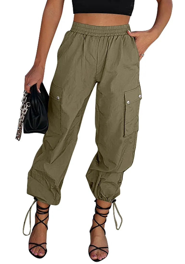 Olive Green Women's Casual Cargo Pant High Waisted Y2K Nylon Trousers