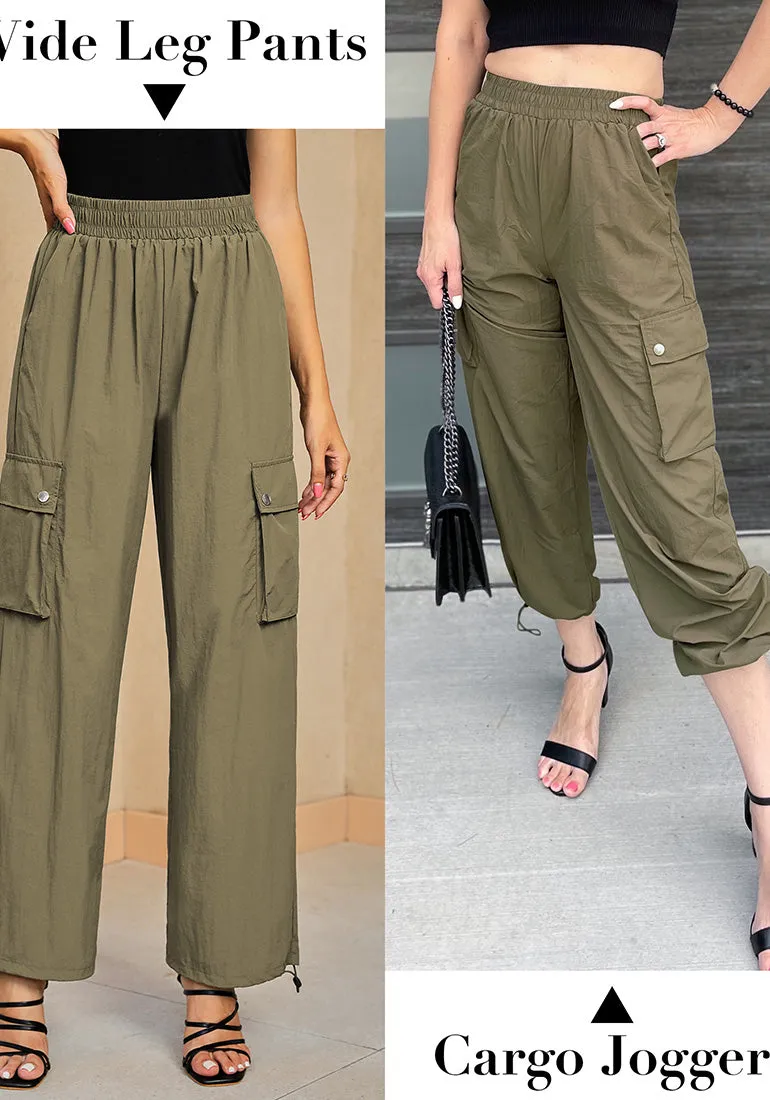 Olive Green Women's Casual Cargo Pant High Waisted Y2K Nylon Trousers