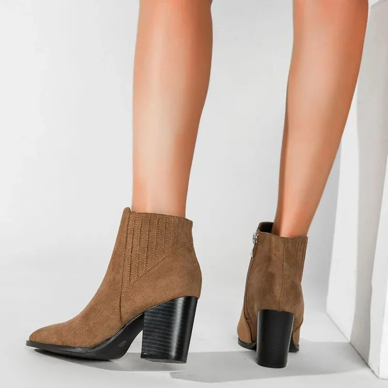 Pointed Toe Block Square Heel Ankle Boots