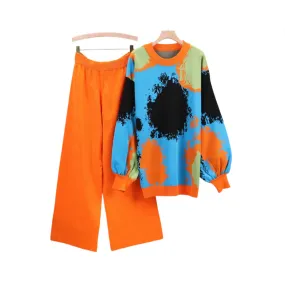 Pre Order:  Knitted Printed Lantern Sleeve Sweater   Wide Leg Pants