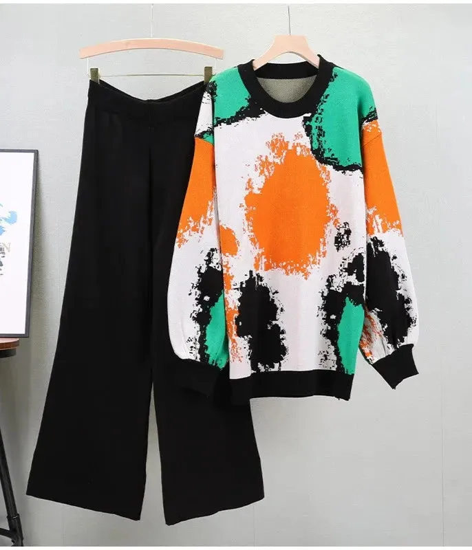 Pre Order:  Knitted Printed Lantern Sleeve Sweater   Wide Leg Pants