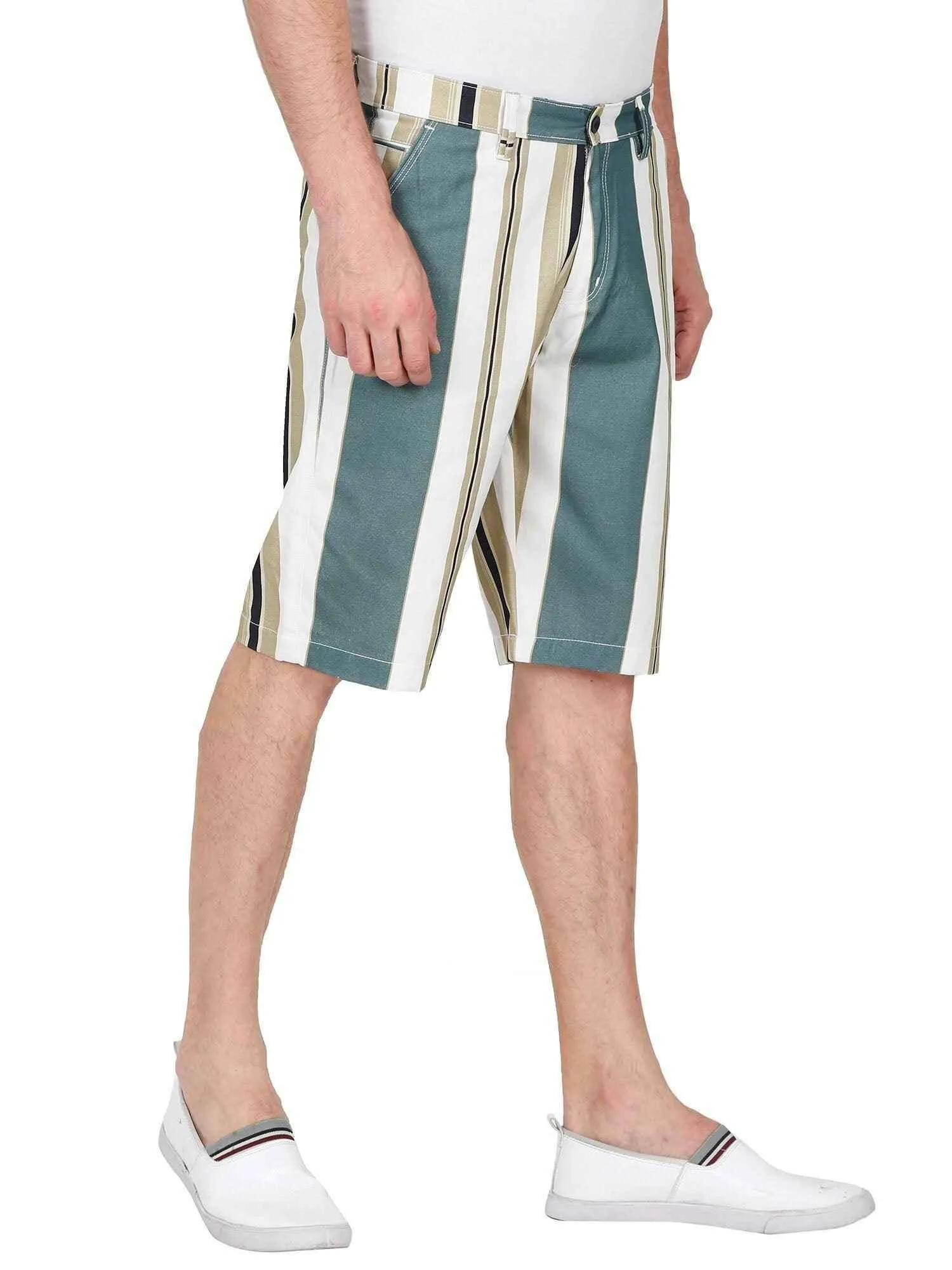 Retro Men Stripe Printed Cotton Shorts