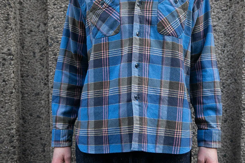 Sugar Cane L/S Twill Check Flannel Shirt - Blue