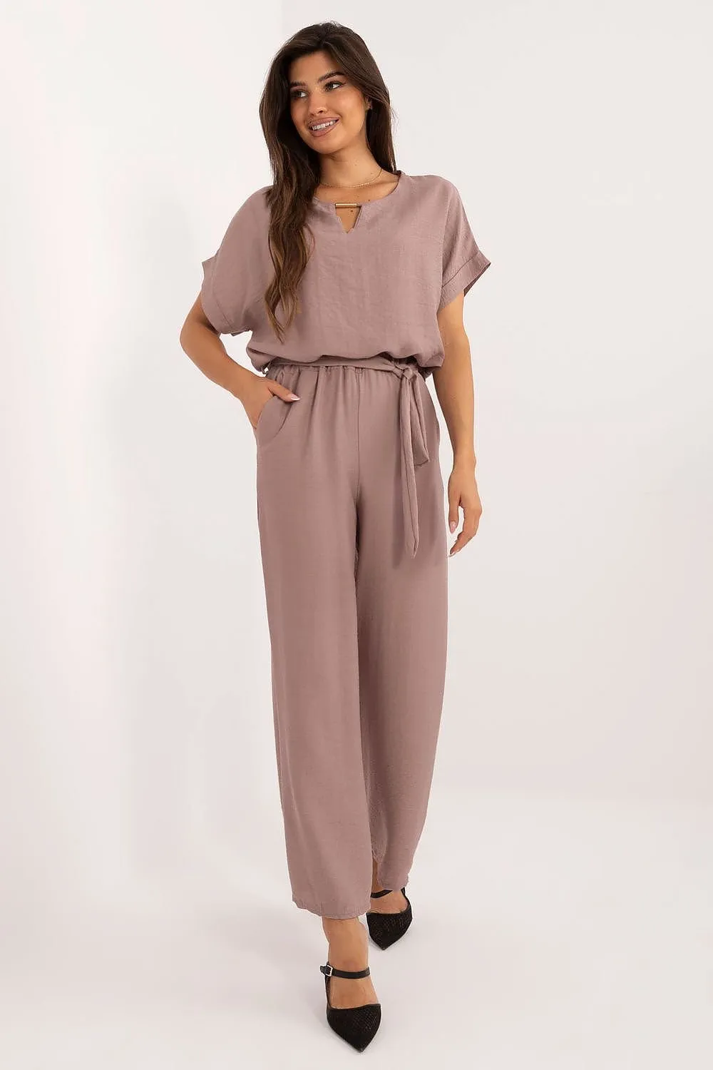 TEEK - Belted Necklace Top Pocketed Pants Set