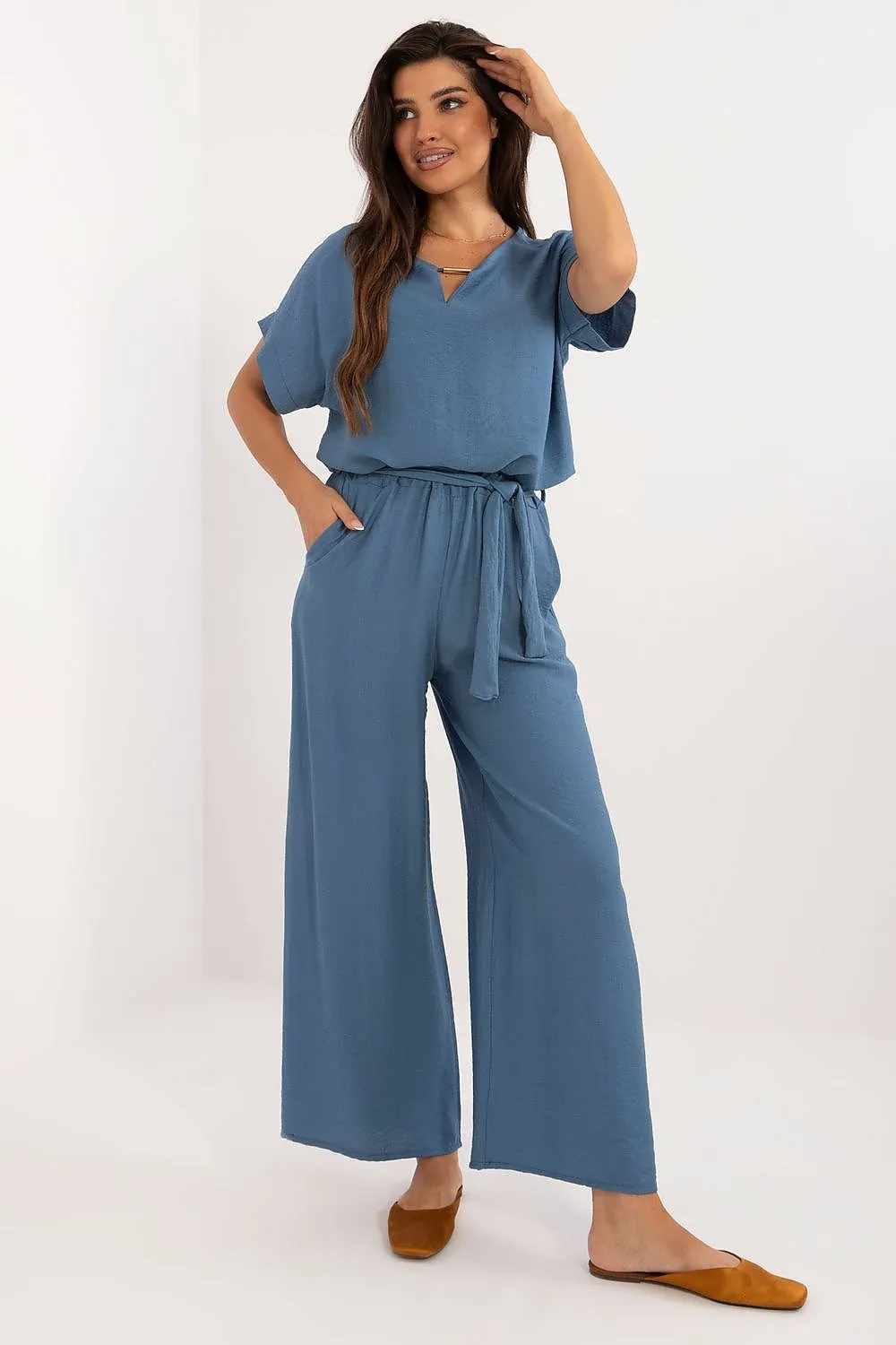 TEEK - Belted Necklace Top Pocketed Pants Set