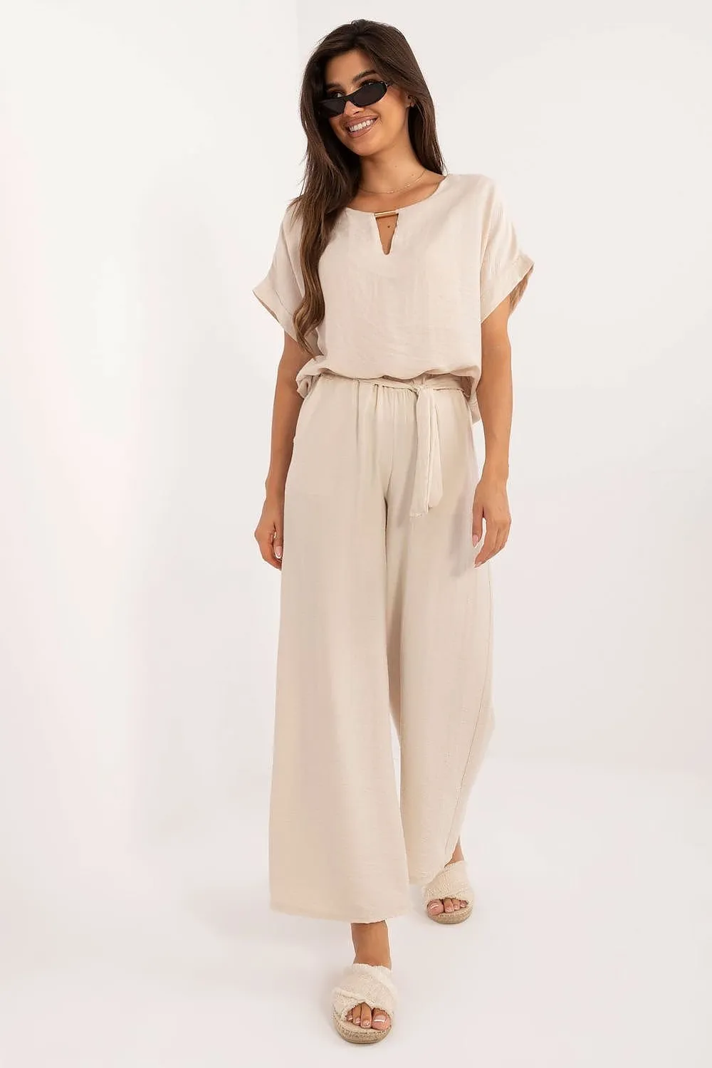 TEEK - Belted Necklace Top Pocketed Pants Set