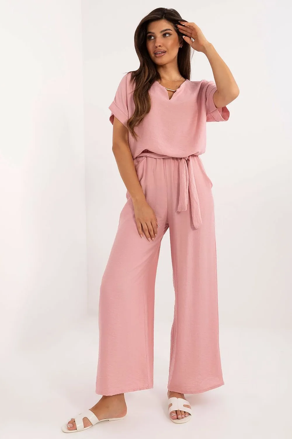 TEEK - Belted Necklace Top Pocketed Pants Set