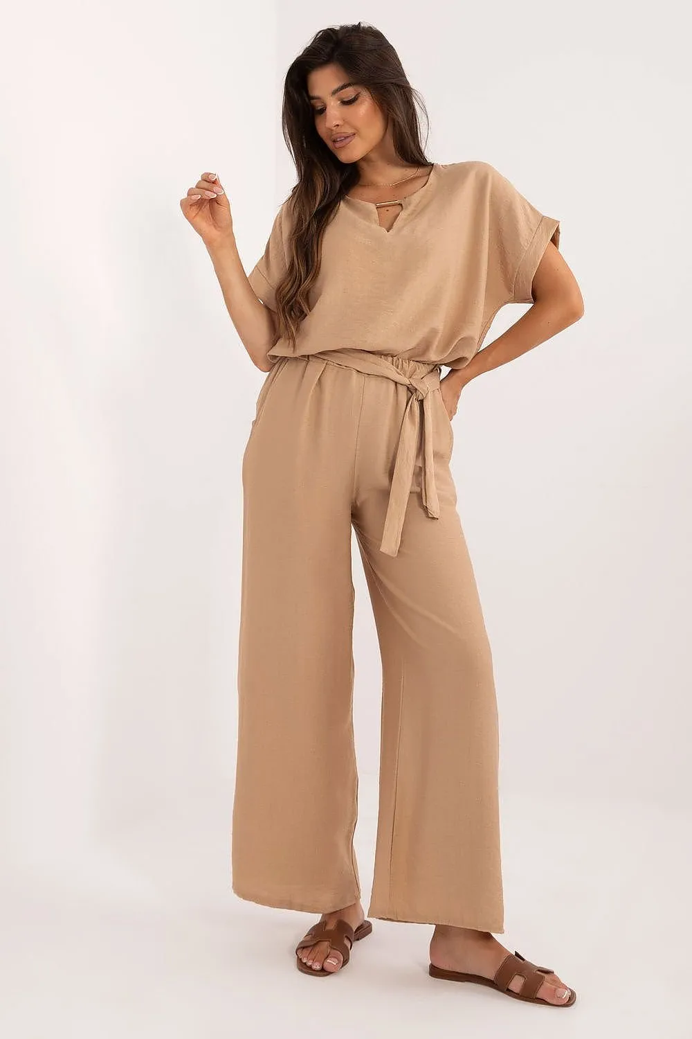 TEEK - Belted Necklace Top Pocketed Pants Set