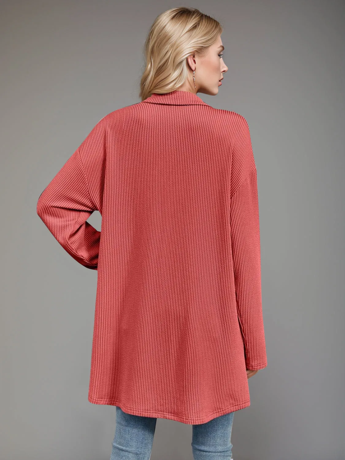 Textured Pocketed Collared Neck Long Sleeve Shirt