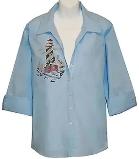 Tia Designs - Lighthouse , French Cuffs, Rhinestones, Blue, Cotton & Shirt