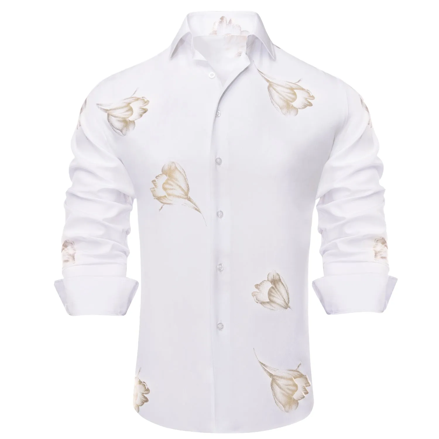 White Golden Floral Silk Men's Long Sleeve Shirt